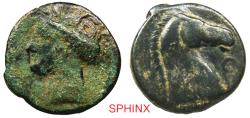 Ancient Coins - 638FK5P) CARTHAGE. Circa 300-264 BC. AE (19 mm, 6.08 g). Wreathed head of Tanit left / Head of horse right. MAA 57; SNG Copenhagen 149–50. Brown-green patina. Near Fine.