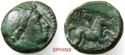 Ancient Coins - 892RC5) Ancient Greek, AE (6.12 grms, 16.5 mm); Obverse: Male head right, Apollo. Reverse: Rider and horse prancing right. Unknown implements above, thunderbolt below. Reference: -