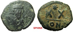Ancient Coins - 332RR1) PHOCAS. Æ 20 Nummi (4.38 gm). Constantinople mint. Struck 603-610 AD. d N FOCA PERP AVC, crowned bust facing, wearing consular robes, holding mappa and cross / Large XX; ab