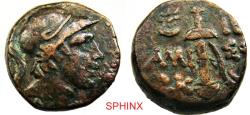 Ancient Coins - 547CK22P) PONTOS, Amisos. Circa 95-90 BC. AE (19 mm, 9.45 g). Struck under Mithradates VI. Helmeted head of Ares(?) right / Sword in sheath. Malloy 30a; RG 29; HGC 7, 241. Tan surf