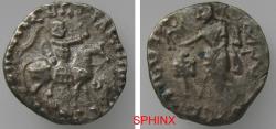 Ancient Coins - 326FM5Y) Indo-Skythians, Azes. Circa 58-12 BC. AR Drachm (1.98 grms, 14.5 mm); Obverse: Azes on horseback right, holding whip; bu in Kharosthi to right. Reverse: Zeus standing left