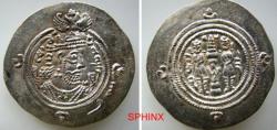 Ancient Coins - 576EG4W) Sasanian Kingdom, Khusro II, 591-628 AD, AR Drachm, 4.16 Grms, 33 mm, ShY Shiraz mint, year 28, Obverse: Draped bust to right, wearing mural crown with korymbos set on cre
