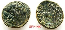 Ancient Coins - 570RG4X) Ancient Greek, Macedon, Thessalonica. Ca. 187-131 B.C. AE dichalkon 4.95 Grms, 20 mm, Obverse: Head of Dionysos right, wearing ivy wreath. Reverse: ΘΕΣΣΑΛΟΝΙΚHΣ, Goat stan