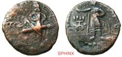 Ancient Coins - 163RK5U) INDIA, Kushan Empire. Huvishka. Circa AD 151-190. AE Tetradrachm (23.5 mm, 10.34 g). Main mint in Kapisha (Begram?). Late phase. Huvishka reclining left on couch / Mao sta
