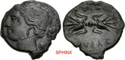 Ancient Coins - 106EG5X) SICILY, Syracuse. Agathokles. 317-289 BC. AE Hexas (1.53 g, 14 mm). Struck circa 310-306 BC. Draped bust of Artemis Soteira left, quiver over shoulder / Winged thunderbolt