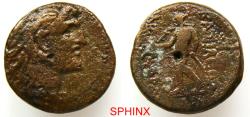 Ancient Coins - 31CH5) SELEUKID KINGS of SYRIA. Alexander I Balas. 152-145 BC. AE (18 mm, 5.58 g). Apameia on the Axios mint. Head right, wearing lion skin headdress / Apollo standing left, holdin