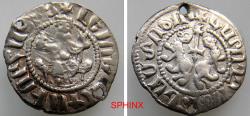World Coins - 130FC3Z) ARMENIA. Levon I. 1198-1219. AR Half Tram (17 mm, 1.35 gm). Levon seated on lion throne / Crowned rampant lions with patriarchal cross. Bedoukian 71; AC 277, EF, toned