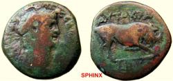 Ancient Coins - 579HM3) RARE. EGYPT, Alexandria. Claudius. 41-54 AD. Æ Diobol (24 mm, 8.69 gm). Dated RY 2 (41/2 AD). Laureate head right; star before / AVTOKPA, bull butting right; L B (date) VF