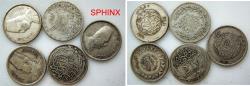 World Coins - 288CR5R) Egypt, British occupation/ Ottoman , Group of 5 coins 2 piasters AR silver : Each coin weights 2.8 grms 0.833 silver content; 1 Farouk, 2 Fu'ad, 2 Sultan Hussein; 1 Ottoma