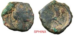 Ancient Coins - 501RK2Z) SPHINX RESUMES SHIPPING TO THE UNITED STATES...Ancient Middle East, Kingdom of Nabataea, Aretas IV AE17 (2.33 grms, 15.5 mm). Obverse: Jugate busts of Aretas and Shaqailai