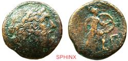 Ancient Coins - 128EH5U) Ancient Greek, Sicily, Messana, The Mamertinoi, c. 220-200 BC. AE Pentonkion (10.96 grms, 25 mm); Obverse: Laureate head of Zeus right. Reverse: Warrior advancing right,