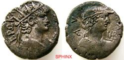 Ancient Coins - 757MG4X) EGYPT, Alexandria. Nero. AD 54–68. Billon Tetradrachm (24 mm, 12.78 gm). Dated year 12 (AD 65–66). Radiate bust right, wearing aegis / Draped bust of Alexandria right, wea