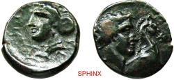 Ancient Coins - 662RH22P) THESSALY, Gyrton. Early-mid 4th century BC. Æ Dichalkon (17 mm, 4.16 g, 6h). Bare head of the hero Gyrton right; to right, head and neck of bridled horse right / Head of