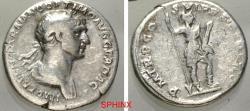 Ancient Coins - 940MG6Z) Trajan. AD 98-117. AR Denarius (18.5 mm, 3.35 g, 7h). Rome mint. Struck circa AD 115. Laureate and draped bust right / Mars advancing right, holding spear and trophy. VF