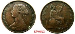 World Coins - 81CE2Z) BRITAIN, VICTORIA, 1837-1901, AE 1/2 Half Penny, 1870, KM 748.2, VF.
