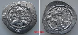 Ancient Coins - 880RC3Y) SASANIAN KINGDOM, AR drachm, 3.59 Grms, 28 mm, Obv. King's portrait right, Rev. Fire altar flanked by two attendants; Too worn to be properly attributed but main devices