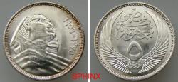 World Coins - 534CM22) EGYPT, REPUBLIC, 5 Piasters, 3.5 grms, 0.720 silver, the SPHINX, dually dated 1376 AH and 1957 AD; KM 383, BRILLIANT-UNC.  NOTE : The two marks on the sphinx's face are NO
