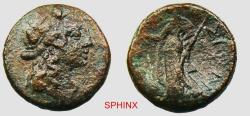 Ancient Coins - 599FL4W) Unidentified/ Unattributed; Ancient Greek, Thasos, Thrace?, AE 20, 7.38  Grms, 20.5 mm, Obverse: Head of Dionysos right. Reverse: [ΘΑ]-ΣI[O]N, Figure standing left and hol