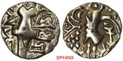 Ancient Coins - 82RCM22P) KIDARITE: Vigraha Deva, 5th century, debased AV dinar (7.45g), Mitch-3650, standing king // stylized deity Ardoksho, bold VF.