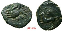 Ancient Coins - 349RC22P) RARE SICILY, Syracuse. Dionysios II. 367-357 BC. AE Tetras(?) (20 X 25.5 mm, 7.88 g). “Kainon” issue. Griffin springing left; below, grasshopper left / Horse prancing