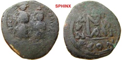 Ancient Coins - 338FB1) Heraclius, with Heraclius Constantine. 610-641. Æ Follis (30 mm, 10.28 g). Constantinople mint, 1st officina. Heraclius, on left, holding long cross, and Heraclius Constant