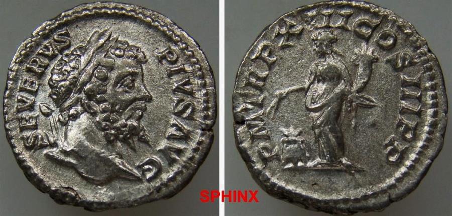 Ancient Coins - 264FR0Z) SEPTIMIUS SEVERUS. 193-211 AD. AR Denarius (19 mm, 2.51 gms). Struck 205 AD. SEVERVS PIVS AVG, laureate head right / P M TR P XIIII COS III P P, Annona standing facing, he