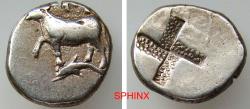 Ancient Coins - 479HL5P) THRACE, Byzantion. Circa 387/6-340 BC. AR Half Siglos (12.5 mm, 2.48 g). Persic standard. Bull standing left on dolphin left / Quadripartite incuse square. Schönert-Geiss,