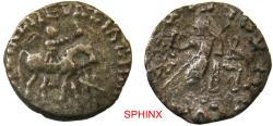 Ancient Coins - 170EE22P) INDO-SKYTHIANS. Azes. Circa 58-12 BC. AR Drachm (15.5 mm, 2.29 grms). Azes right on horseback, holding spear; bhu in Kharosthi to right / Zeus standing left, holding Nike
