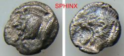 Ancient Coins - 114RE2Y) MYSIA, Kyzikos. Circa 480-450 BC. AR TriHemiobol (10 mm, 0.94 gm). Forepart of boar left; H on shoulder, tunny fish to right / Head of roaring lion left. SNG France 376;