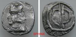 Ancient Coins - 866FR3Y) KINGS OF PERSIS. Uncertain King II. Circa late 1st century AD. AR Hemidrachm (13 mm, 1.24 g).  Obverse: Bust left, wearing diadem and Persepolitan-style crown with stepped