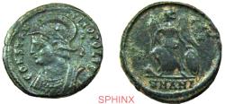 Ancient Coins - 10CK2Z) Constantinopolis City Commemorative, (2.71 grms, 19 mm) Antioch mint, Obverse: CONSTAN-TINOPOLIS, Laureate, helmeted, wearing imperial mantle, holding reverse spear, bust