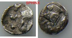 Ancient Coins - 615RM4W) MYSIA, Kyzikos. Circa 450-400 BC. AR Obol (8 mm, 0.33 g). Forepart of boar left, K (retrograde) on shoulder; tunny to right / Head of lion left within incuse square. VF
