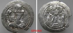 Ancient Coins - 457EG5Y) SASANIAN KINGS. Šābuhr (Shahpur) III. AD 383-388. AR Drachm (24 mm, 3.51 g, 3h). Uncertain mint. Bust right, wearing flat-topped crown with korymbos / Fire altar with ribb