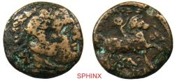 Ancient Coins - 548CK22P) KINGS of MACEDON. Philip III OR ALEXANDER IV. 3325-307 BC. AE 1/2 Unit (18.5 mm, 5.82). Uncertain Macedonian mint. Head of Herakles right, wearing lion skin / Youth on ho
