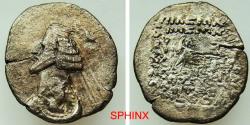 Ancient Coins - 110HE22P) INDO-PARTHIANS, Margiana or Sogdiana. Uncertain. Late 1st century BC-early 1st century AD. AR Drachm (19 X 22 mm, 3.31 g). “Helmeted” Countermark issue. Imitating counter