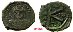 Ancient Coins - 557GG18) Justin II. 565-578. Æ Half Follis (21 mm, 6.19 g). Thessalonica mint. Dated RY 3 (AD 567/8). Helmeted and cuirassed facing bust, holding globus cruciger and shield / Large