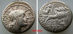 Ancient Coins - 582MM4W) Q. Fabius Labeo. 124 BC. AR Denarius (19 mm, 3.71 g, 6h). Rome mint. Helmeted head of Roma right / Jupiter, hurling thunderbolt and holding reins and scepter, driving quad