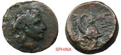 Ancient Coins - 24CH5) SELEUKID EMPIRE. Tryphon. Circa 142-138 BC. AE (17.5 mm, 5.65 g). Antioch on the Orontes mint. Diademed head right / Spiked Macedonian helmet adorned with a wild goat’s horn