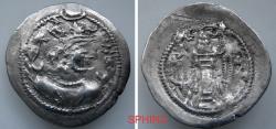 Ancient Coins - 32CF3Z) SASANIAN KINGDOM, AR drachm, 4.03 Grms, 28 mm, Obv. King's portrait right, Rev. Fire altar flanked by two attendants; Too worn to be properly attributed but main devices