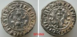 World Coins - 720FH4K) ARMENIA, Cilician Armenia. Royal. Levon I. 1198-1219. AR Tram (2.85 g, 22.5 mmh). Sis mint. + Levon, king of the Armenians in Armenian, Levon enthroned facing, holding glo