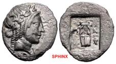 Ancient Coins - 242KC2Z) LYCIAN LEAGUE. Circa 27-20 BC. AR Hemidrachm (14.5mm, 1.41 g, 12h). Masikytes mint. Laureate head of Apollo right / Lyre; tripod to lower right; all in incuse square. VF
