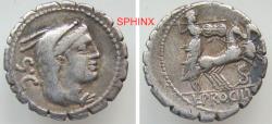 Ancient Coins - 65CGC5W) L. Procilius. 80 BC. AR Serrate Denarius (18.5 mm, 3.81 g). Rome mint. Head of Juno Sospita right, wearing goat-skin headdress / Juno Sospita driving galloping biga right,