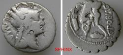 Ancient Coins - 3KK4P) C. Poblicius Q.f. 80 BC. AR Serrate Denarius (18 mm, 3.72 g). Rome mint. Helmeted and draped bust of Roma right; V above / Hercules standing left, strangling Nemean Lion;