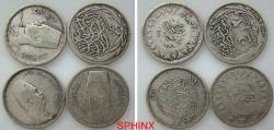 World Coins - 291CC5R) Egypt, British occupation, Group of 4 coins 2 piasters AR silver : Each coin weights 2.8 grms 0.833 silver content; 2 Farouks different dates, One Fu'ad and one Sultan Hus