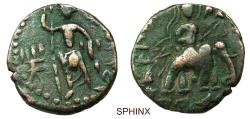 Ancient Coins - 165RK5U) INDIA, Kushan Empire. Huvishka. Circa AD 152-192. AE Tetradrachm (24.5 mm, 11.02 g). Subsidiary mint in Gandhara (Peshawar?). Late phase. Huvishka on elephant right, holdi