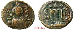 Ancient Coins - 454RM5Z) ARAB-BYZANTINE. Temp Mu'awiya Ibn Abi Sufyan first Umayyad Caliph; Ummayad Imperial Image. Circa 670-690 AD. AE Fals (20 mm, 4.05 gm). Hims (Emisa) mint. Crowned bust VF