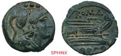 Ancient Coins - 197KG3Z) ROMAN REPUBLIC, Anonymous. 210-207 BC. AE Triens (21 mm, 6.03 g). Mint in Canusium ? Helmeted head of Minerva right; four pellets (mark of value) above / Prow of galley VF