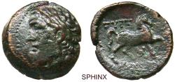 Ancient Coins - 673RH22P) THESSALY, Gyrton. 3rd century BC. AE Trichalkon (22 mm, 9.08 g). Laureate head of Zeus left / Horse prancing right; ΔΗ below, grape bunch below raised foreleg. Rogers 233