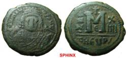 Ancient Coins - 337FB1) Maurice Tiberius. 582-602. AE Follis (28 mm, 11.58 g, 5h). Officina Є , Antioch mint,  Dated RY 14 (AD 595/6). Crowned facing bust, wearing consular robes, holding mappa an