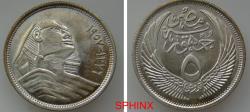 World Coins - 531CM22) EGYPT, REPUBLIC, 5 Piasters, 3.5 grms, 0.720 silver, the SPHINX, dually dated 1376 AH and 1957 AD; KM 383, BRILLIANT-UNC.